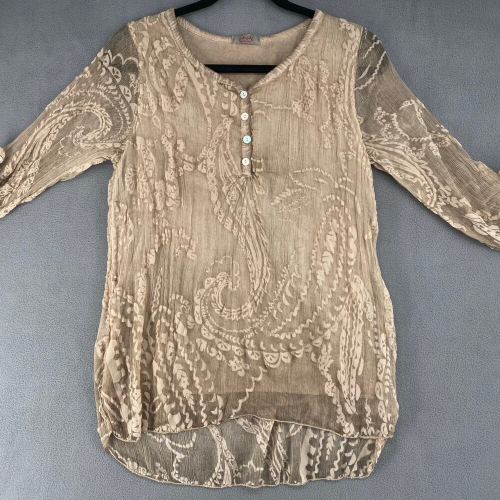 Scandal Italy Crepe Silk Womens Roll Sleeve Blouse S Tan Boho Floral Lagenlook - Picture 3 of 16